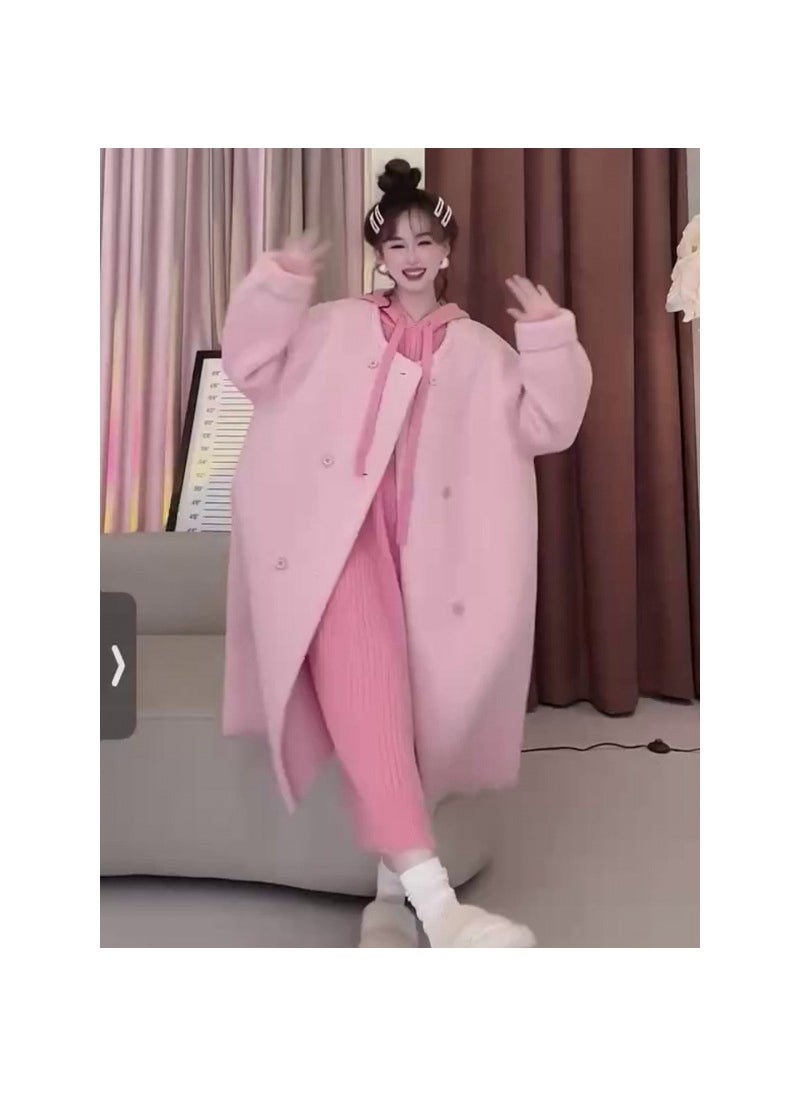 Thickened Hooded Sweater Dress Women Autumn Winter Loose Over-the-knee Casual Base Layer Knitted Long Dress Dark gray