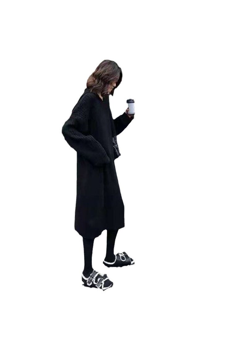 Thickened Hooded Sweater Dress Women Autumn Winter Loose Over-the-knee Casual Base Layer Knitted Long Dress Dark gray