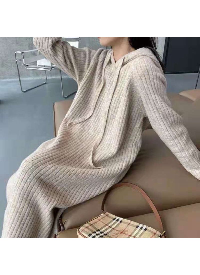 Thickened Hooded Sweater Dress Women Autumn Winter Loose Over-the-knee Casual Base Layer Knitted Long Dress Dark gray