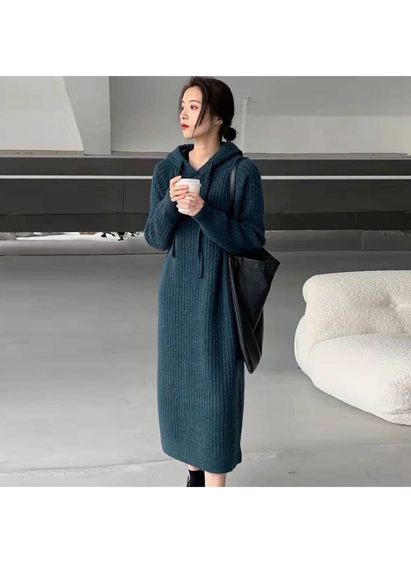 Thickened Hooded Sweater Dress Women Autumn Winter Loose Over-the-knee Casual Base Layer Knitted Long Dress Dark gray