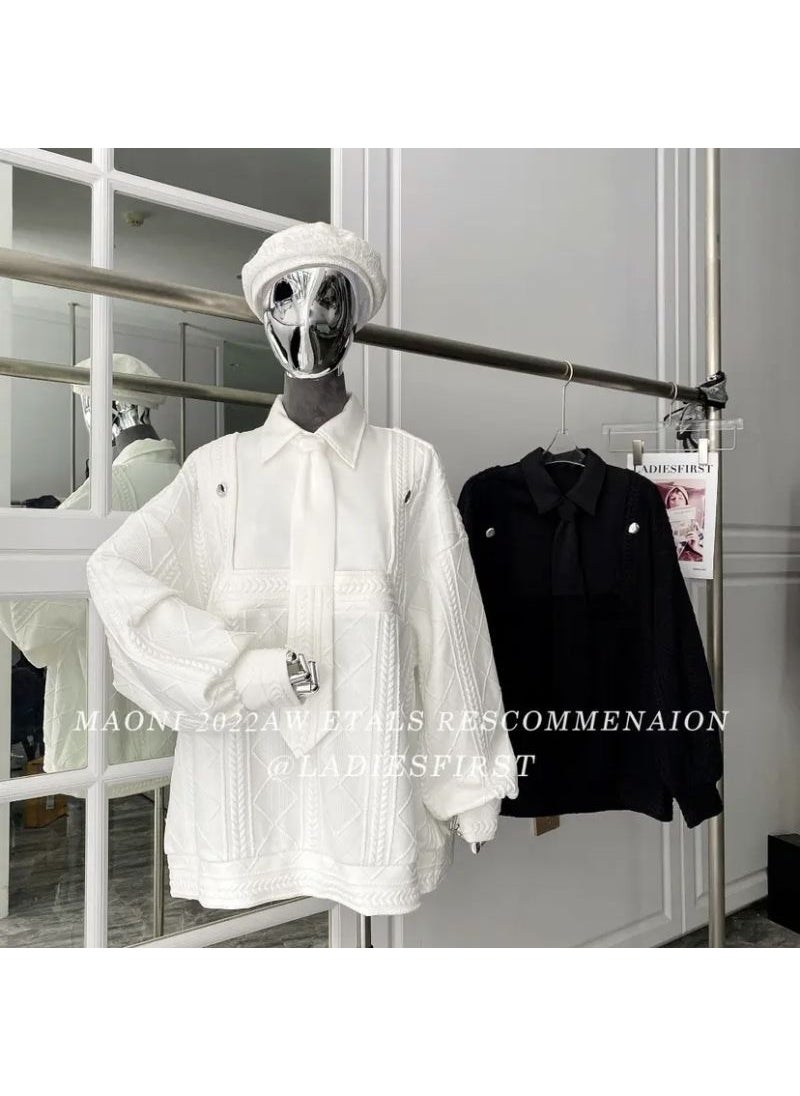 Fashionable Versatile Loose-fit Long Sleeve Polo Collar Sweatshirt Womens Medium-length Two-piece Illusion Shirt Outer Wear White