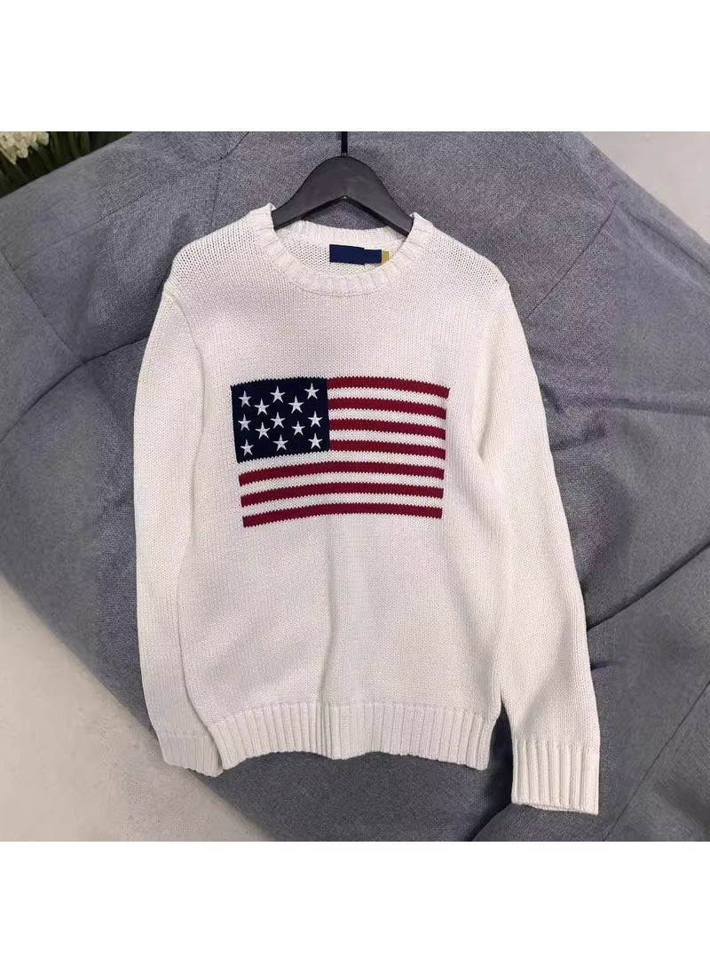 24 Year Autumn Winter Pure Cotton Long Sleeve Crew Neck Knitted Sweater RF Wind Flag Star Embroidery Unisex round Neck Top Navy blue