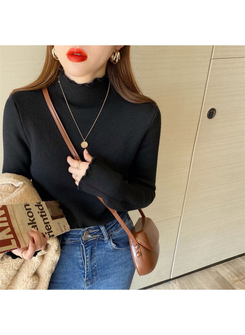 Womens Fleece-lined Thickened Sweater Half-high Collar Base Layer Top Winter Style One-piece Fleece Mushroom Edge Knitted Top Black [version thickened mall quality]]