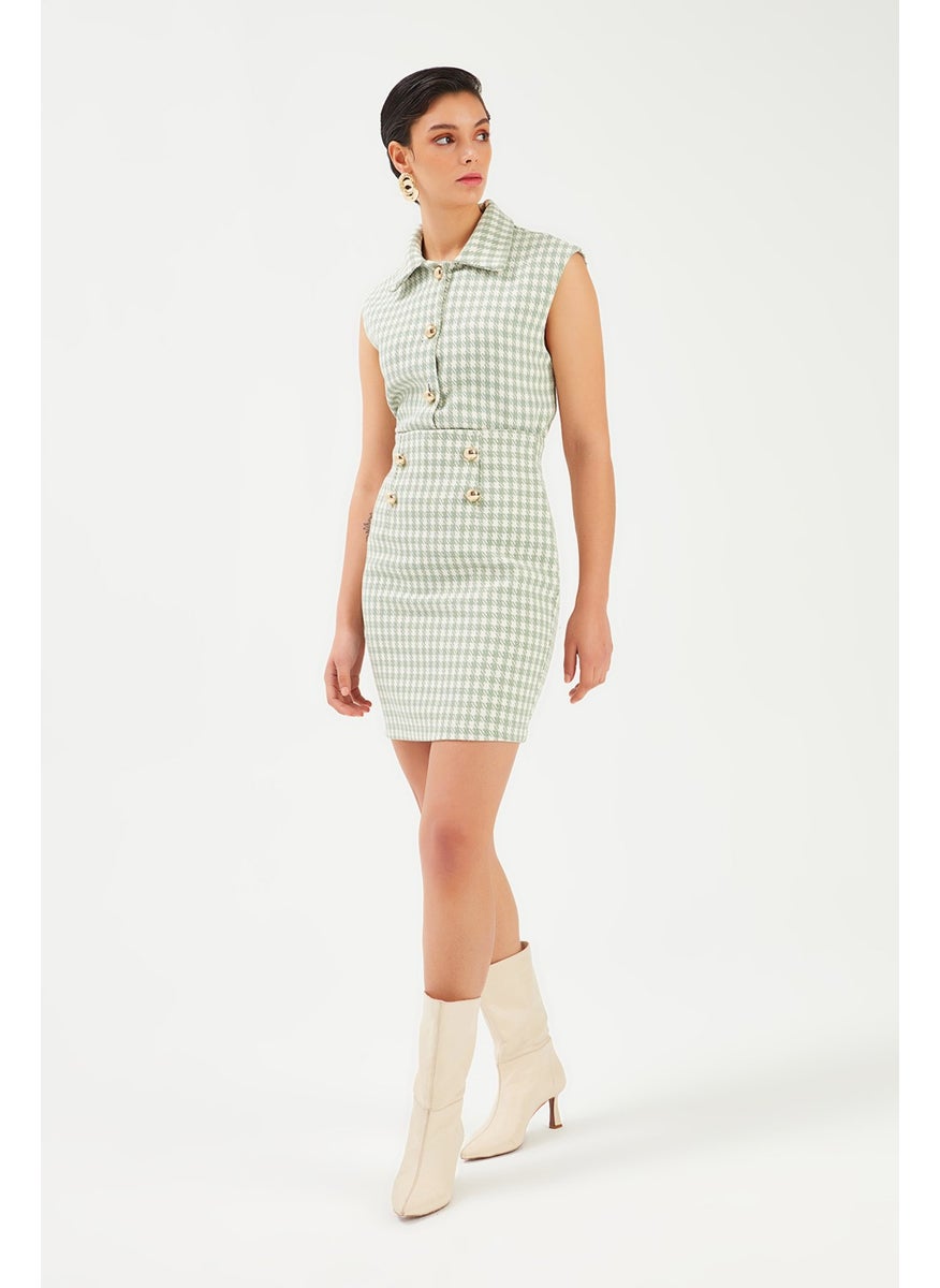 Houndstooth Patterned Mini Skirt - Almond Green