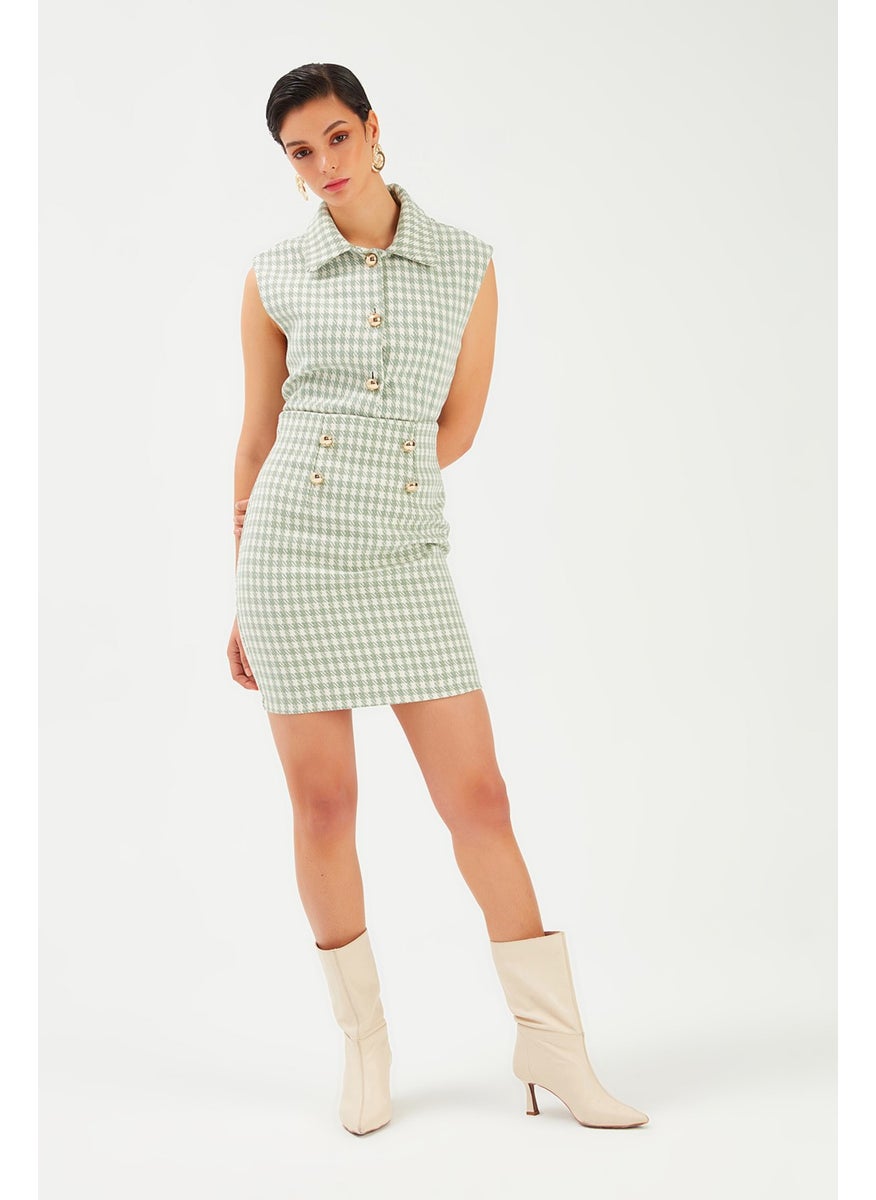 Houndstooth Patterned Mini Skirt - Almond Green
