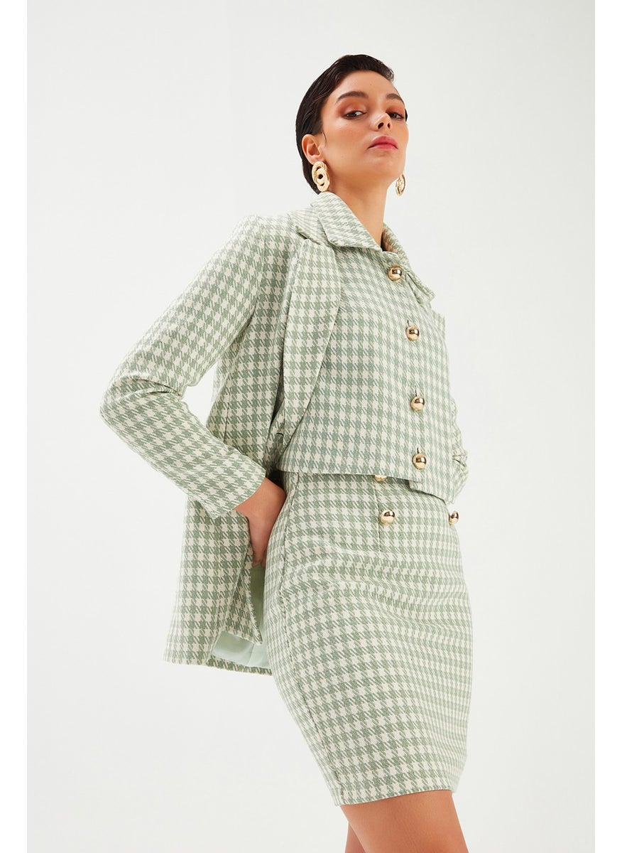 Houndstooth Patterned Mini Skirt - Almond Green