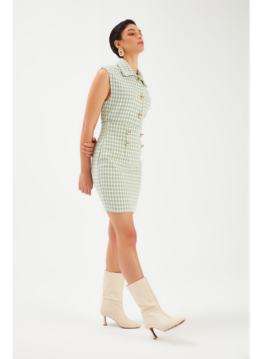 Houndstooth Patterned Mini Skirt - Almond Green
