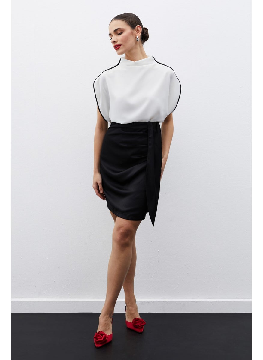 Satin Belted Mini Skirt Black