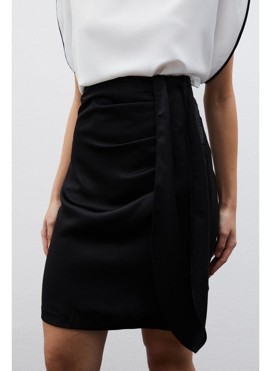 Satin Belted Mini Skirt Black