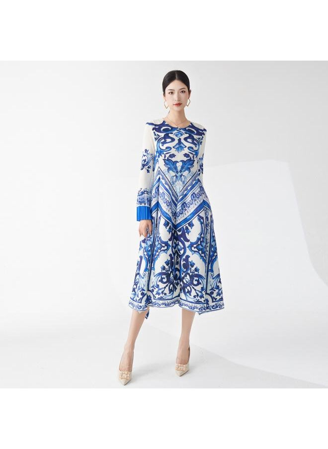 Women's Dress Design High-end Blue And White Porcelain Trumpet Sleeve Loose A- Line Skirt Slimming Miyake Skirt