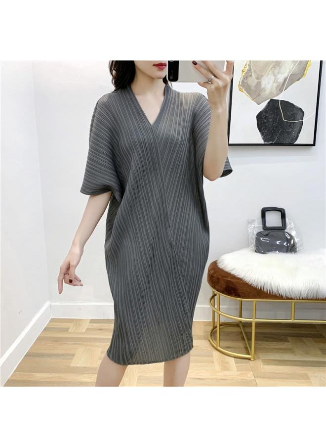 Sanzhai Dress V-neck Mid-length Summer New Solid Color Pleated Skirt Versatile Loose Plus Size Women's Clothing