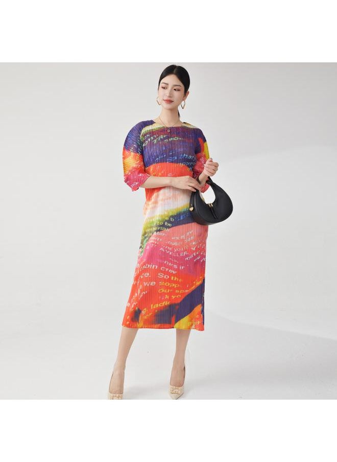 Women's High-end Bud Dress Design Niche Printed Bat Sleeve Loose Slimming Miyake Midi Skirt