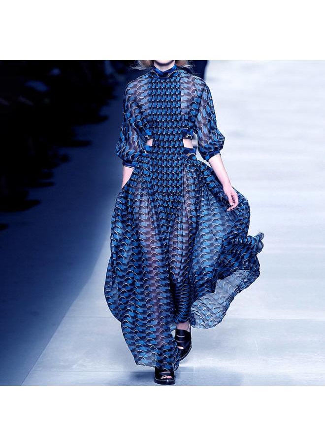 Summer New European And American Women's Fashion Printed Dress Hollow-out Large Swing Skirt