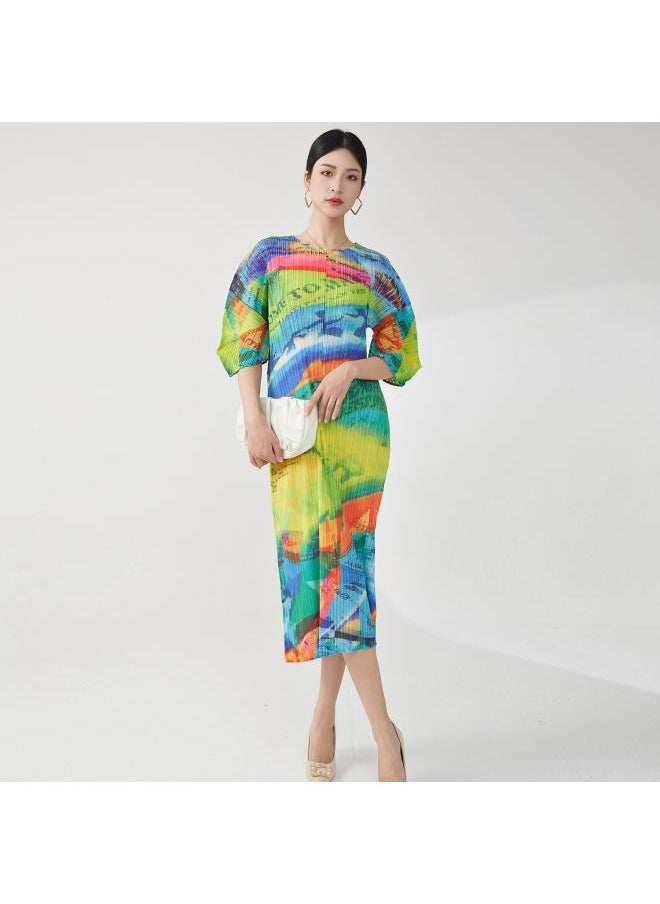 Women's High-end Bud Dress Design Niche Printed Bat Sleeve Loose Slimming Miyake Midi Skirt