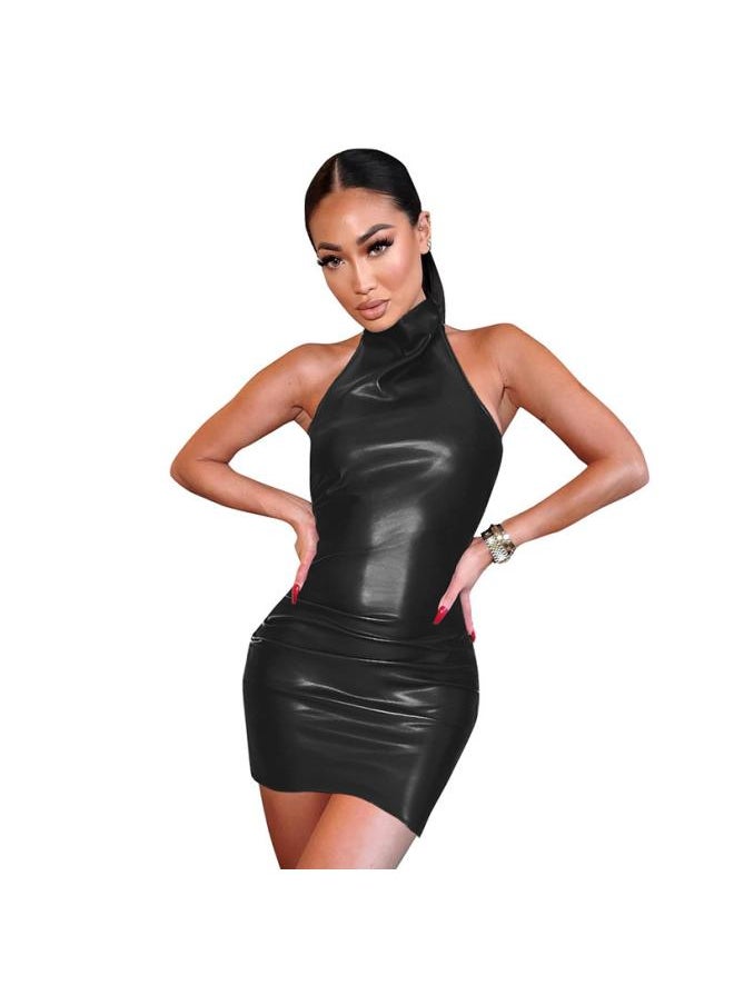 European And American-style Crumpled Women's Hip Skirt Women's Clothing Spring And Summer Women's Pu Leather Backless Halter Dress Women's