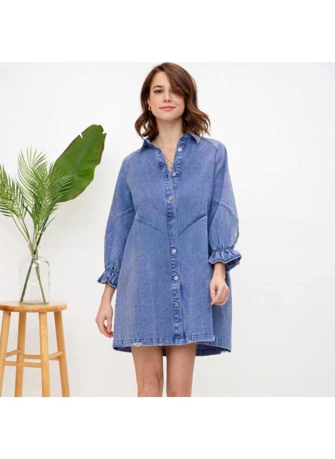 Spring And Summer New Explosions Seven-sleeve Denim Skirt Women's Lantern Sleeve Loose Dress