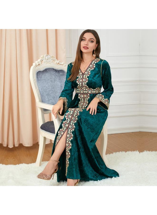 3258muslim Women's Long Skirt Split Long Sleeve Autumn And Winter Women's Wear Embroidered Clothes Gold Velvet Dress