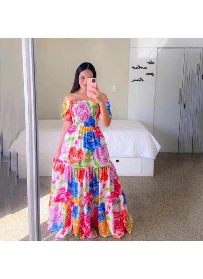 New Spring And Summer European And American Women's Dress Off-shoulder Floral Fashion Off-shoulder Long Printed Skirt