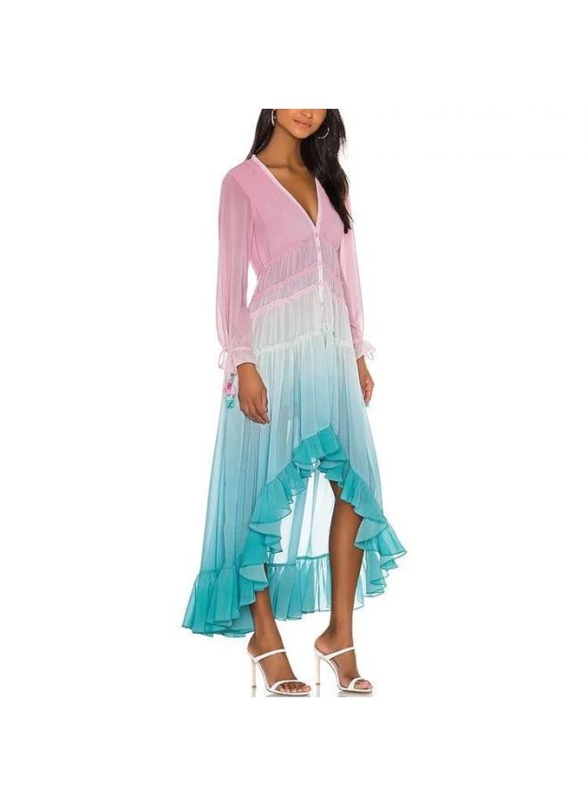 Winter New European And American Women's Deep V Long Sleeve Gradient Printed Dress Long Skirt