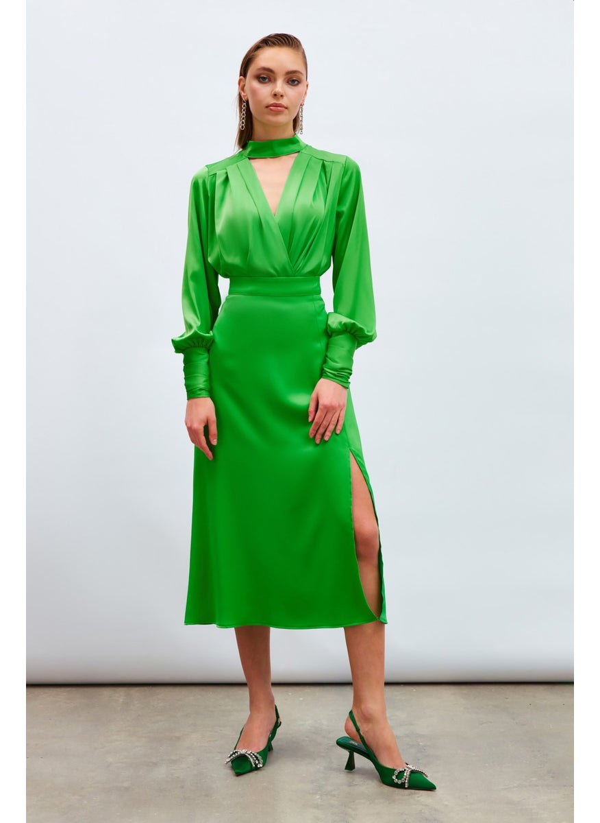 Slit Satin Skirt - Green