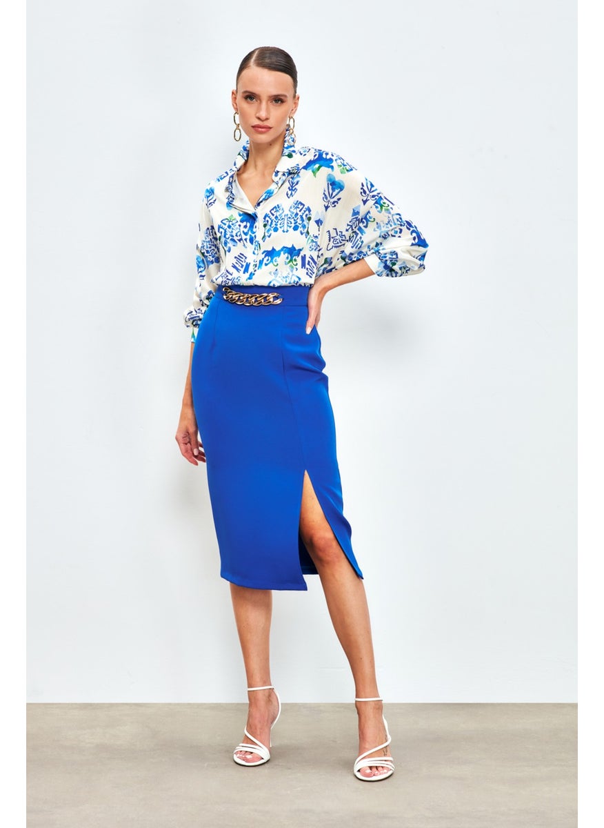 Front Chain Detail Skirt - Sax Blue