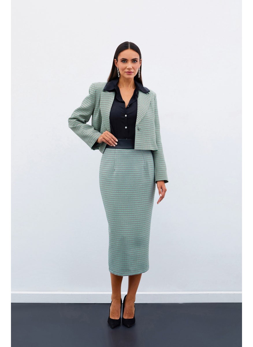Houndstooth Midi Skirt - Green