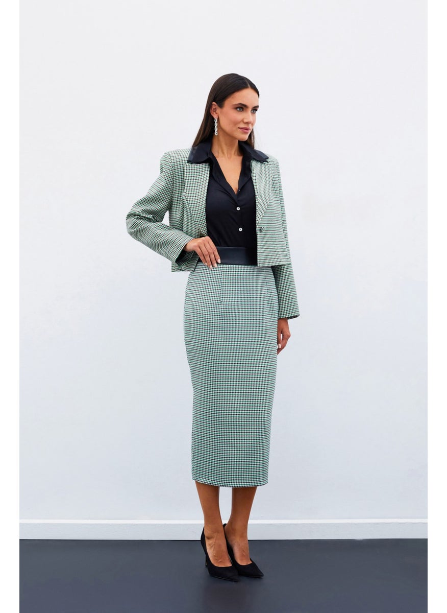 Houndstooth Midi Skirt - Green