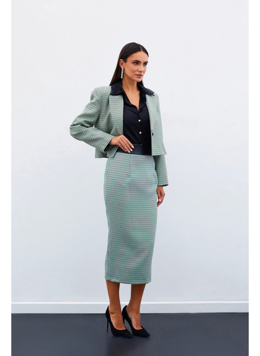 Houndstooth Midi Skirt - Green