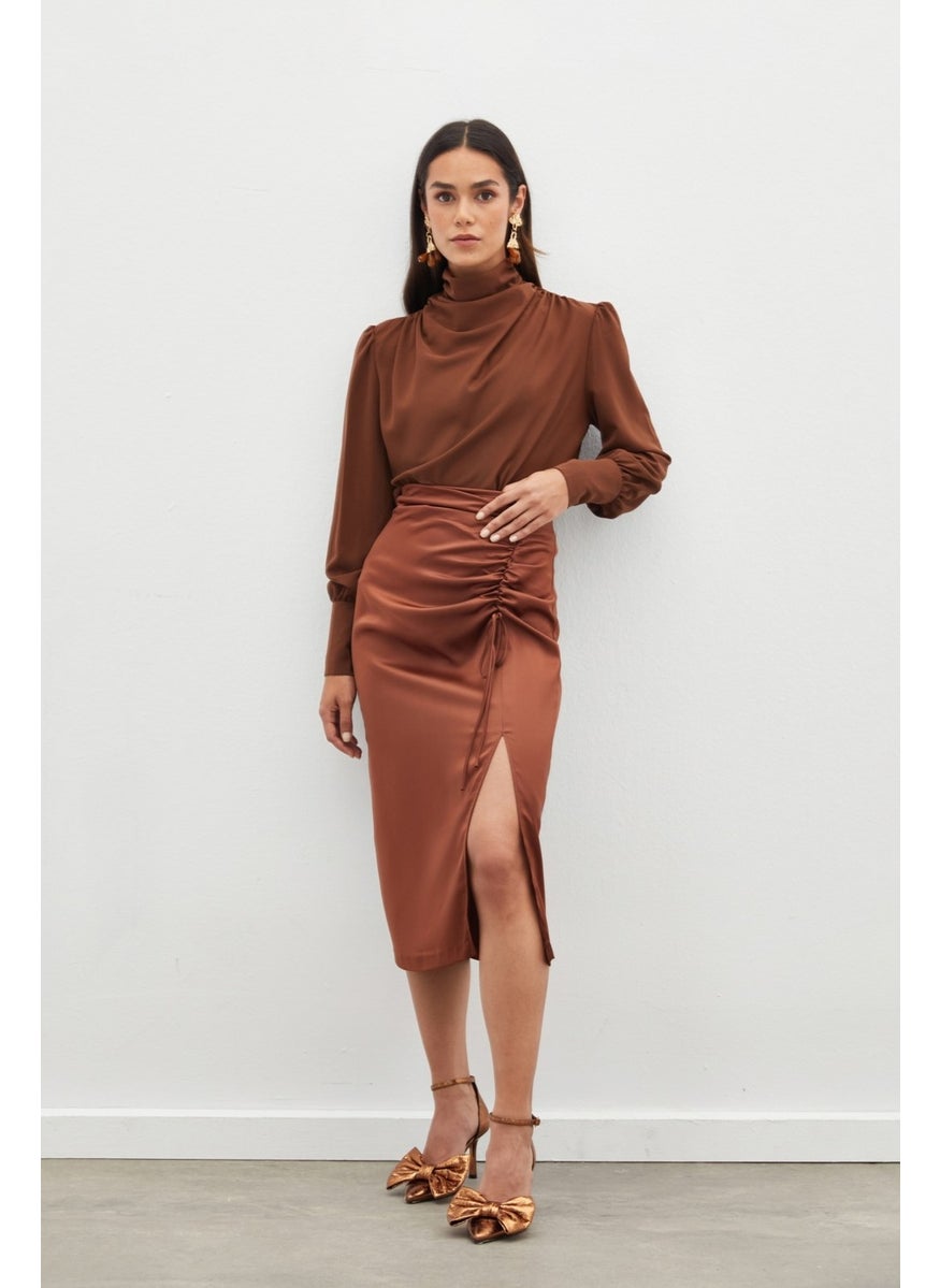 Satin Skirt with Gathered Detail - Brown