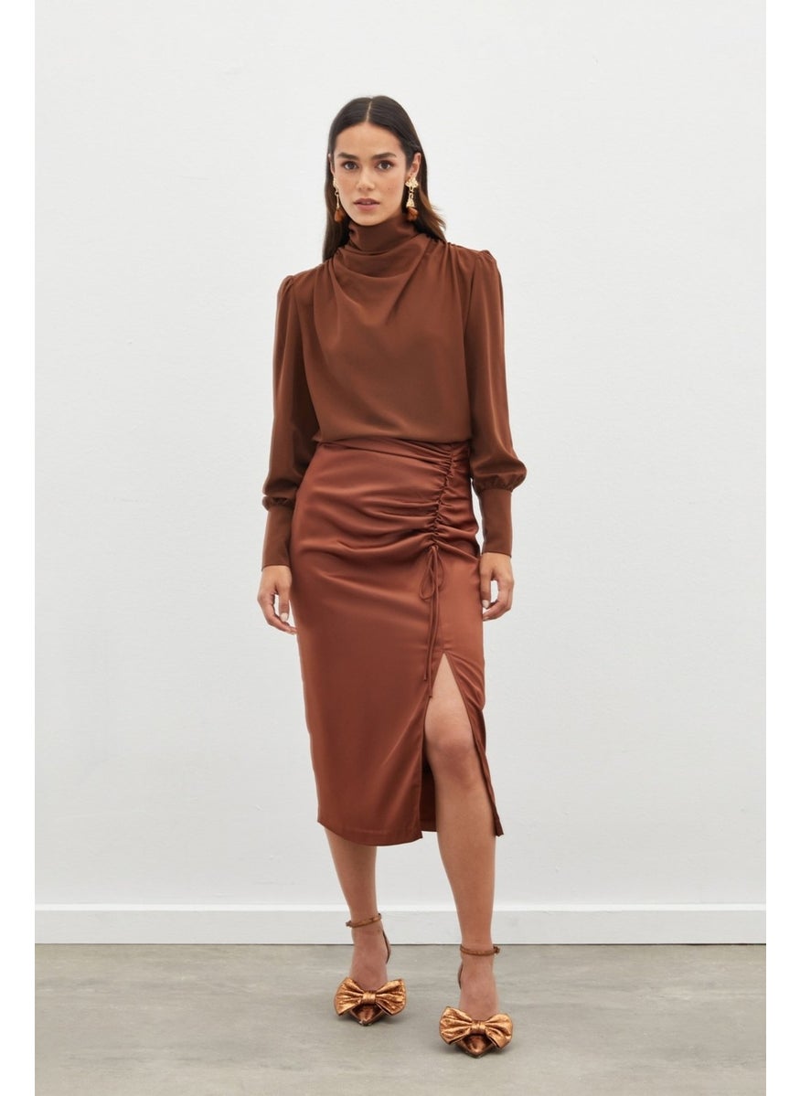 Satin Skirt with Gathered Detail - Brown