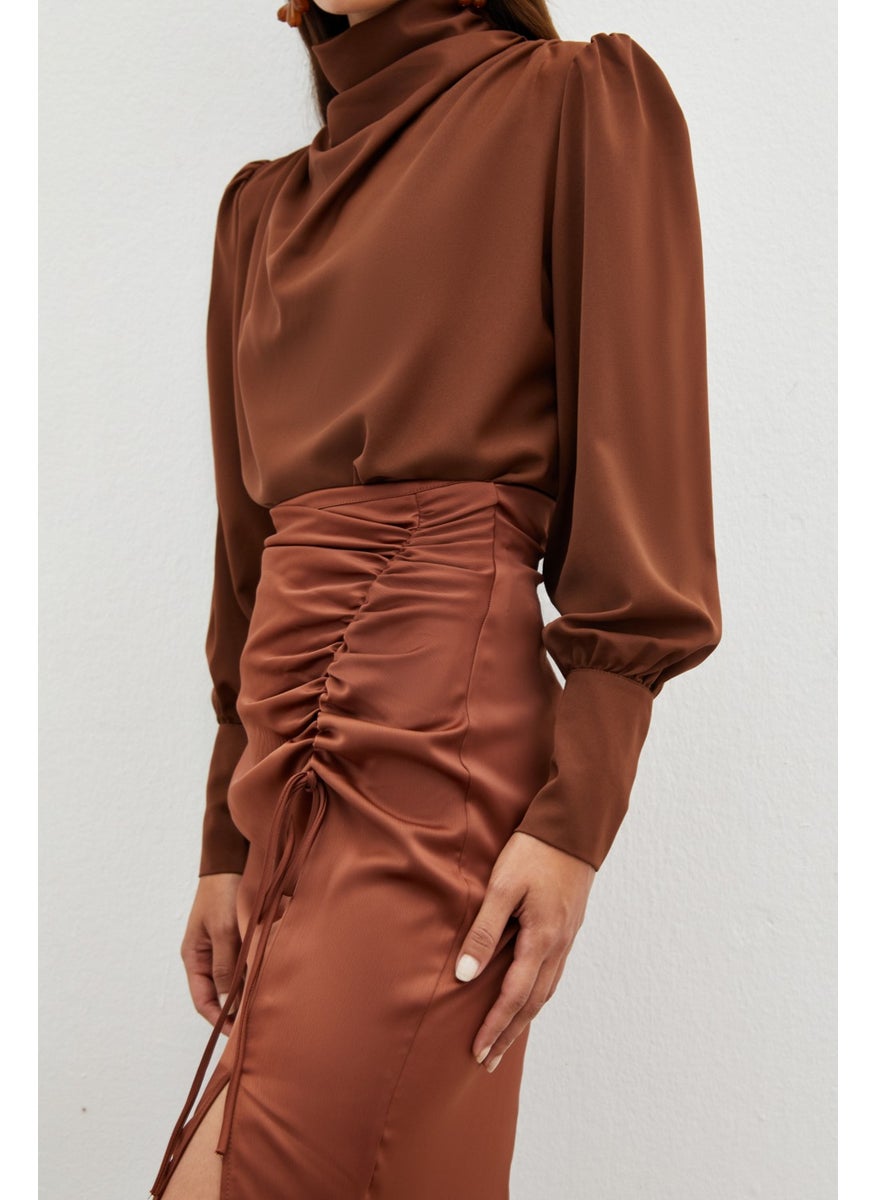 Satin Skirt with Gathered Detail - Brown