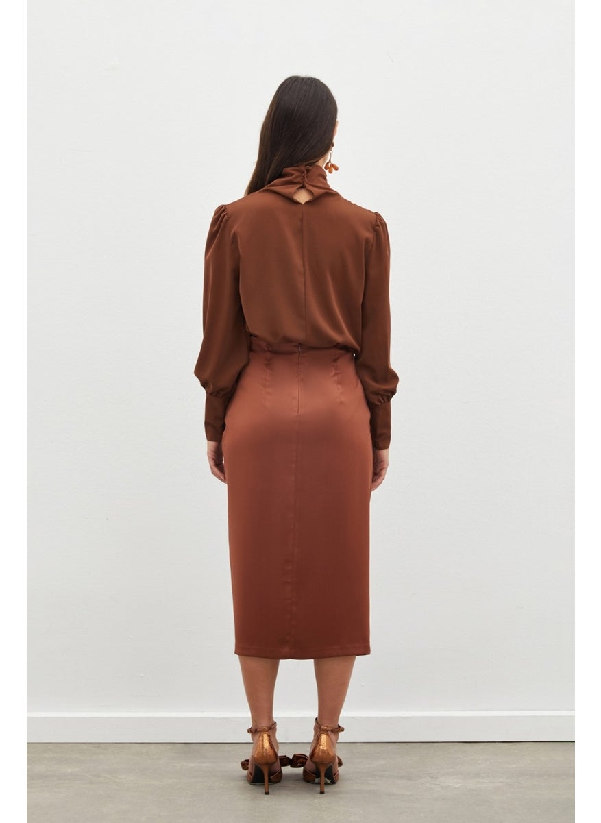 Satin Skirt with Gathered Detail - Brown
