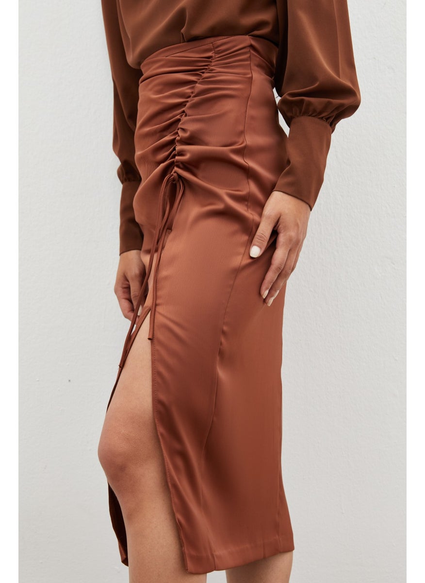 Satin Skirt with Gathered Detail - Brown