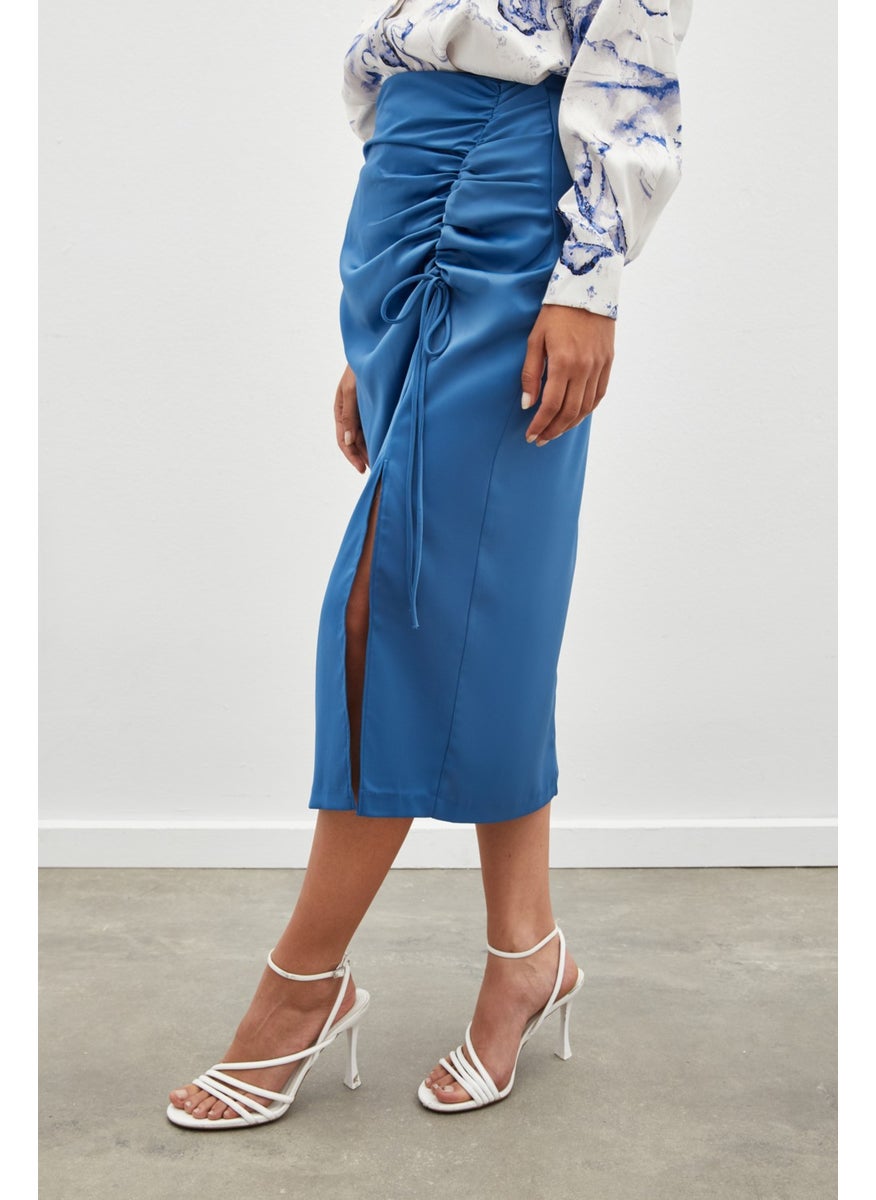 Satin Skirt with Gathered Detail - Indigo