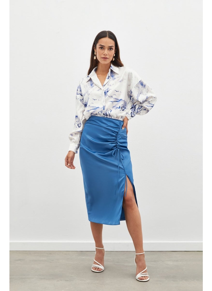 Satin Skirt with Gathered Detail - Indigo