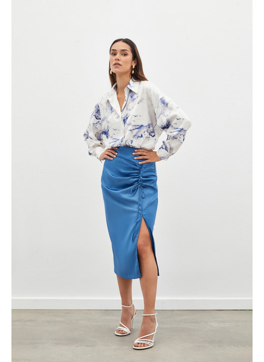 Satin Skirt with Gathered Detail - Indigo