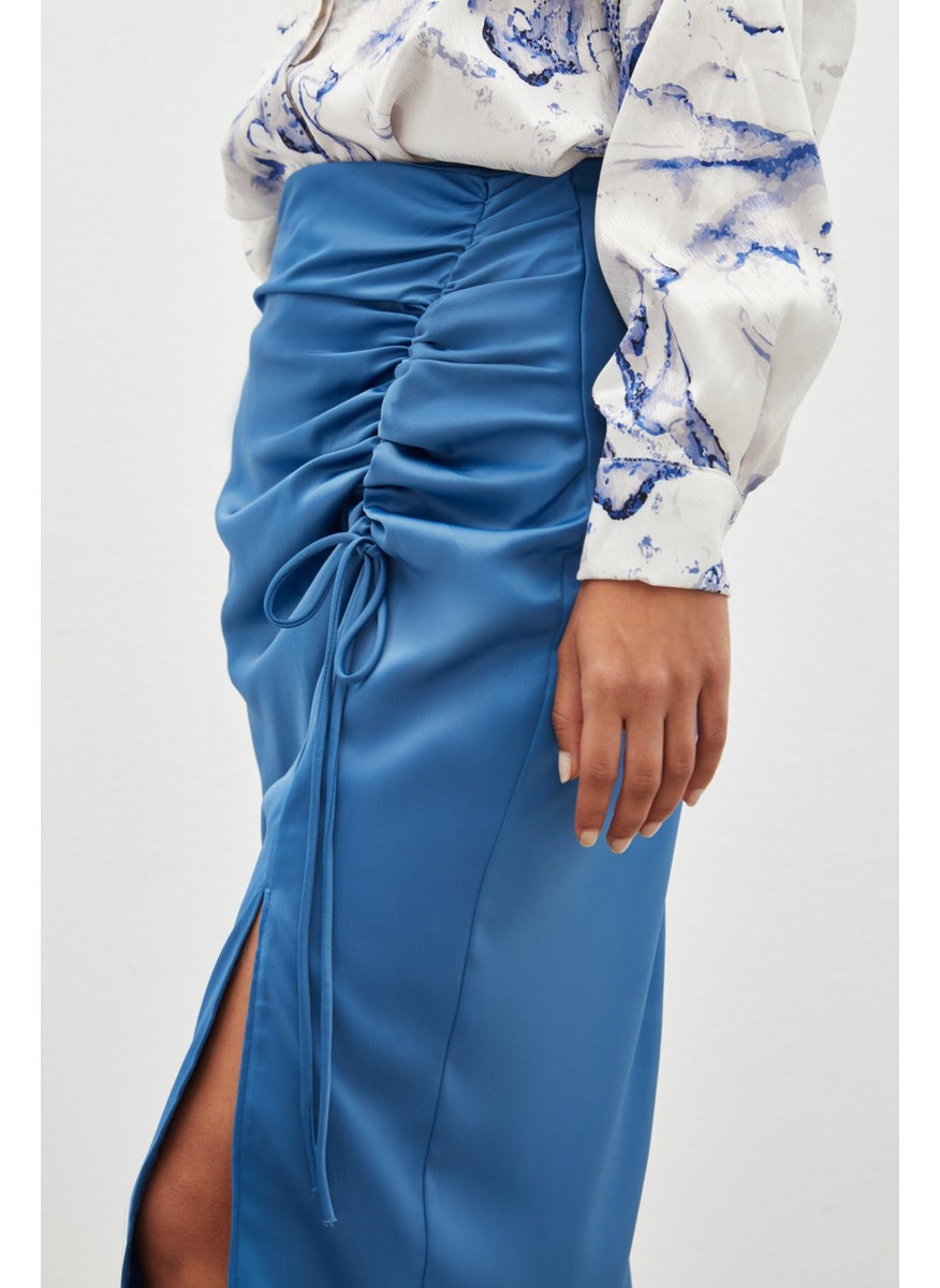Satin Skirt with Gathered Detail - Indigo