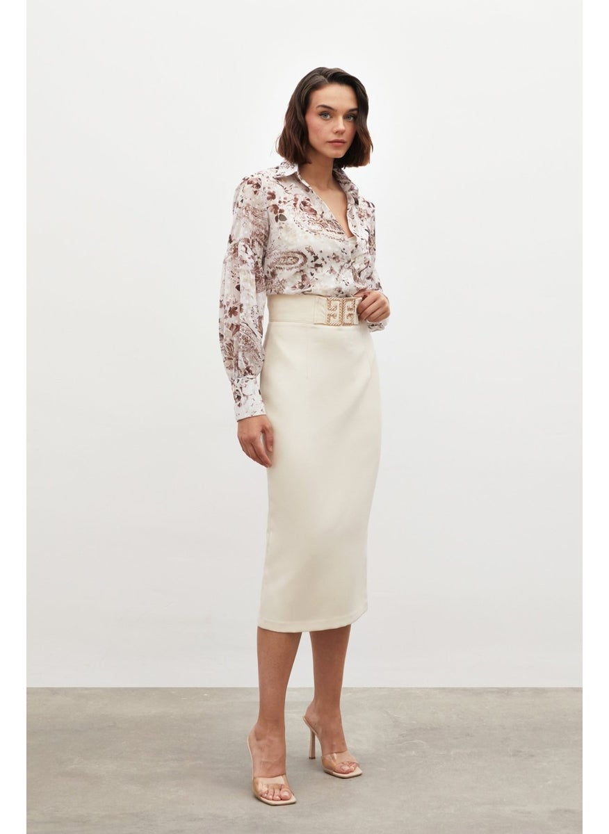 Pencil Skirt with Accessory Detail - Beige