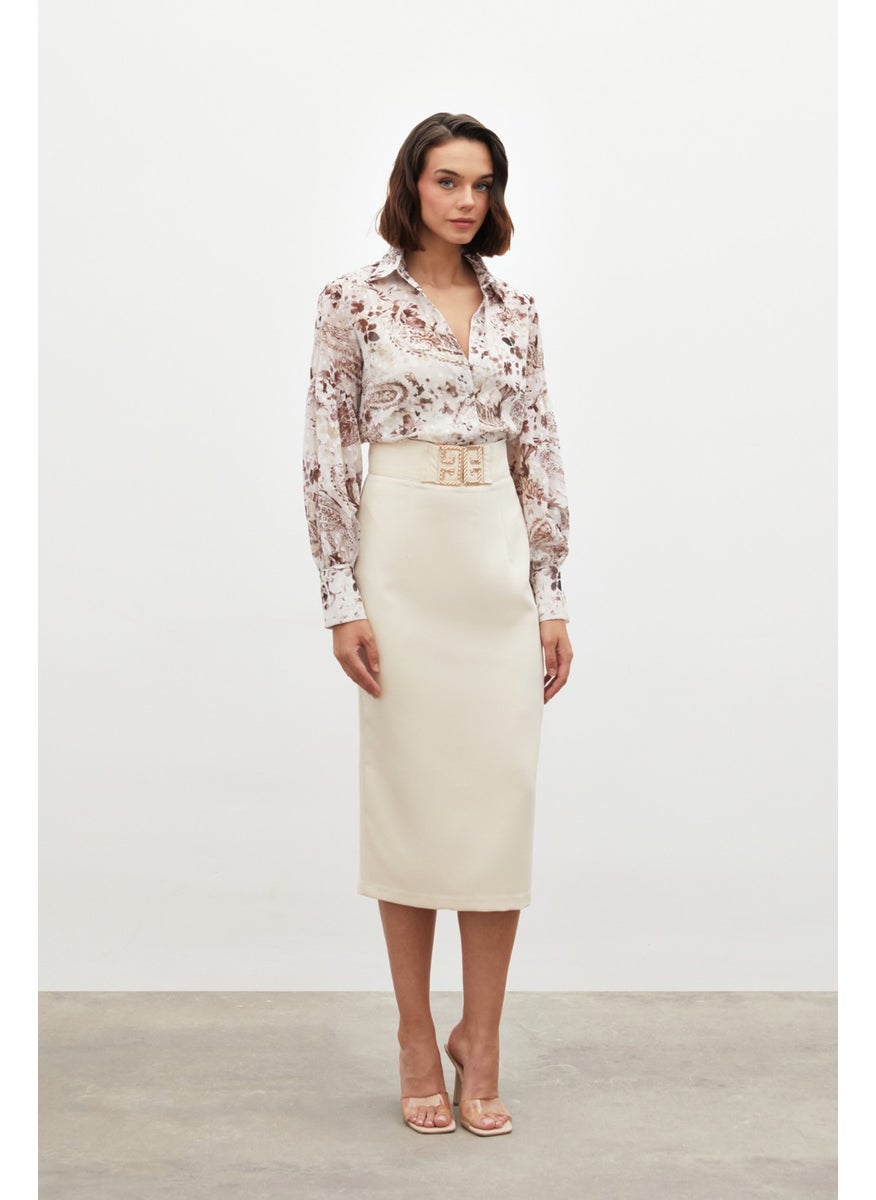 Pencil Skirt with Accessory Detail - Beige