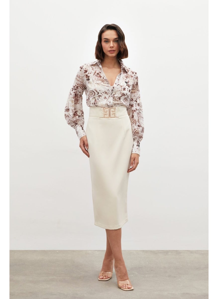 Pencil Skirt with Accessory Detail - Beige