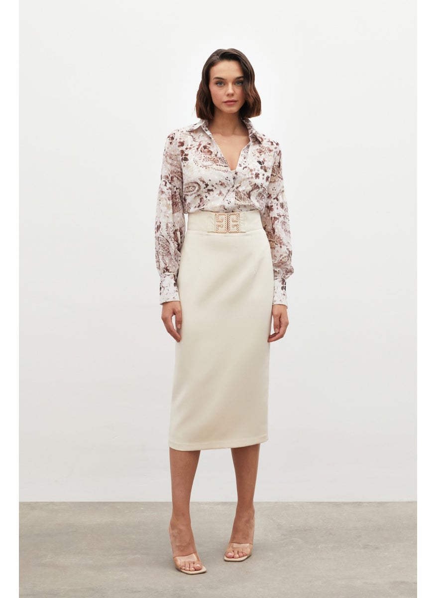 Pencil Skirt with Accessory Detail - Beige