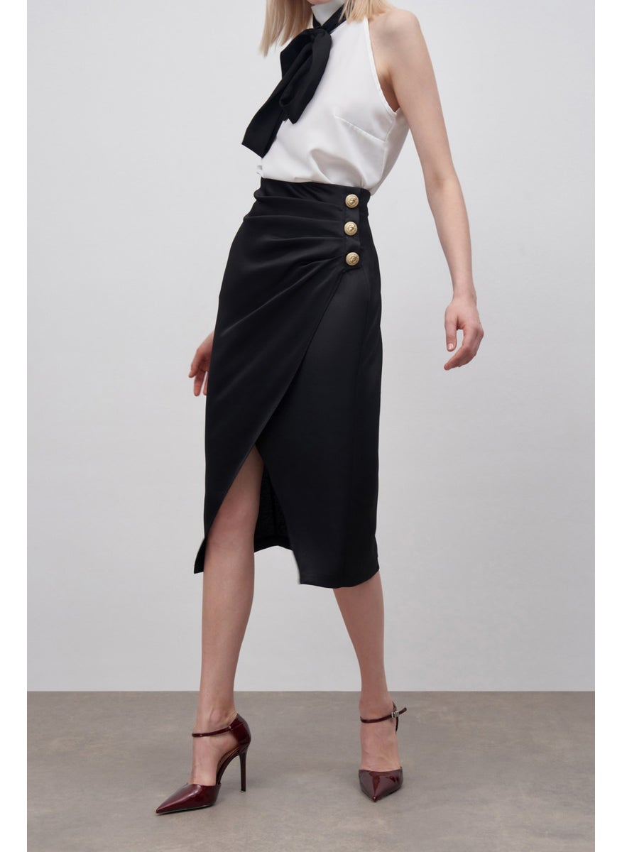 922-4015 Black Women's Satin Crepe Button Detail Skirt