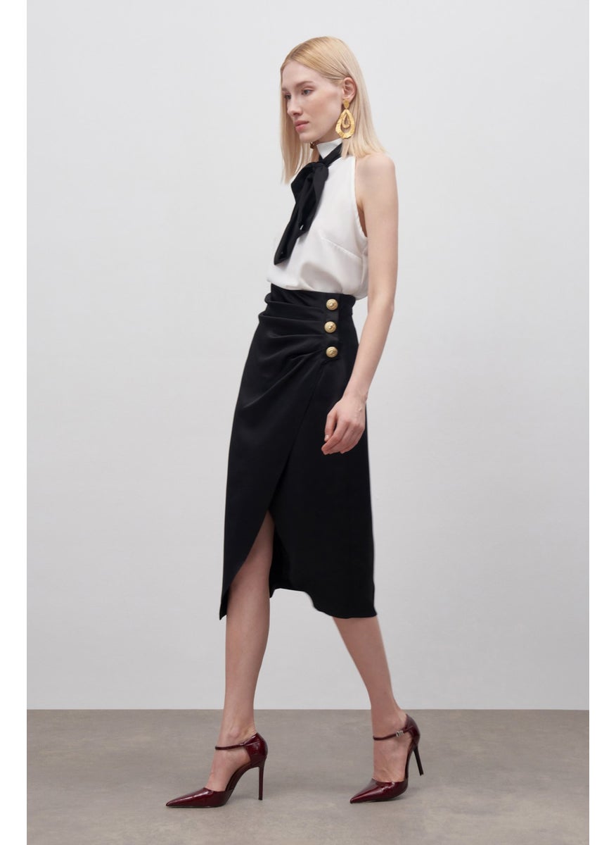922-4015 Black Women's Satin Crepe Button Detail Skirt