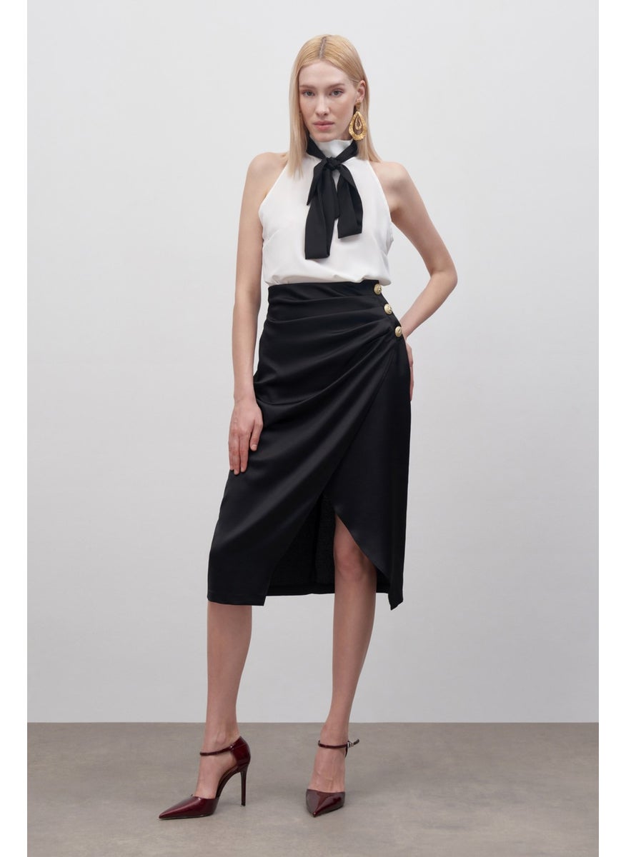 922-4015 Black Women's Satin Crepe Button Detail Skirt