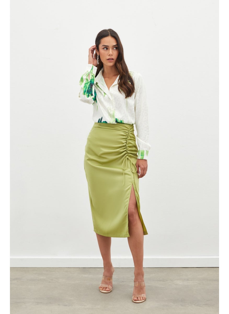 Satin Skirt with Gathered Detail - Oil Green