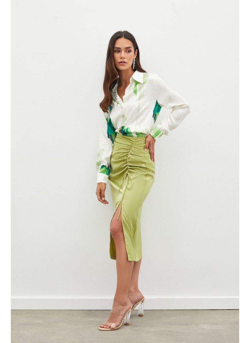 Satin Skirt with Gathered Detail - Oil Green