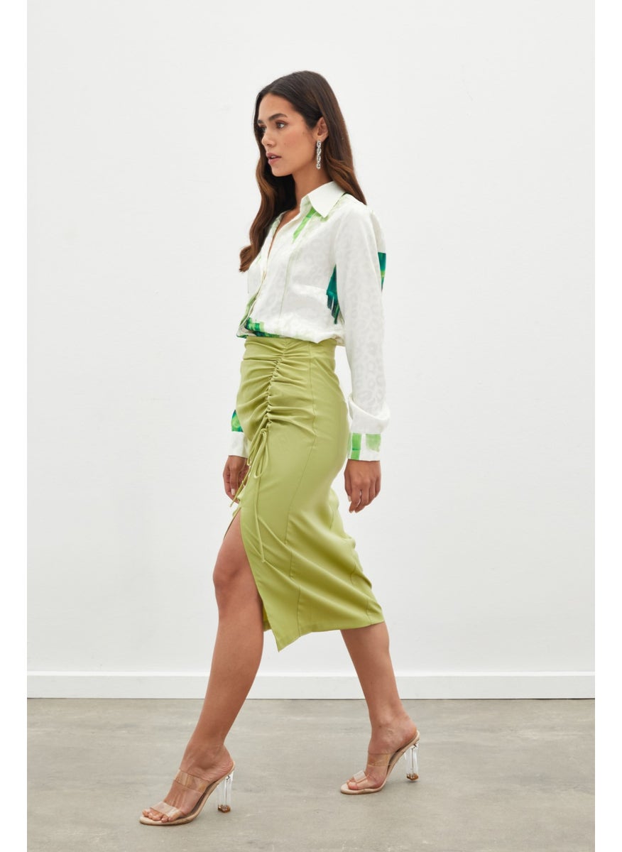 Satin Skirt with Gathered Detail - Oil Green
