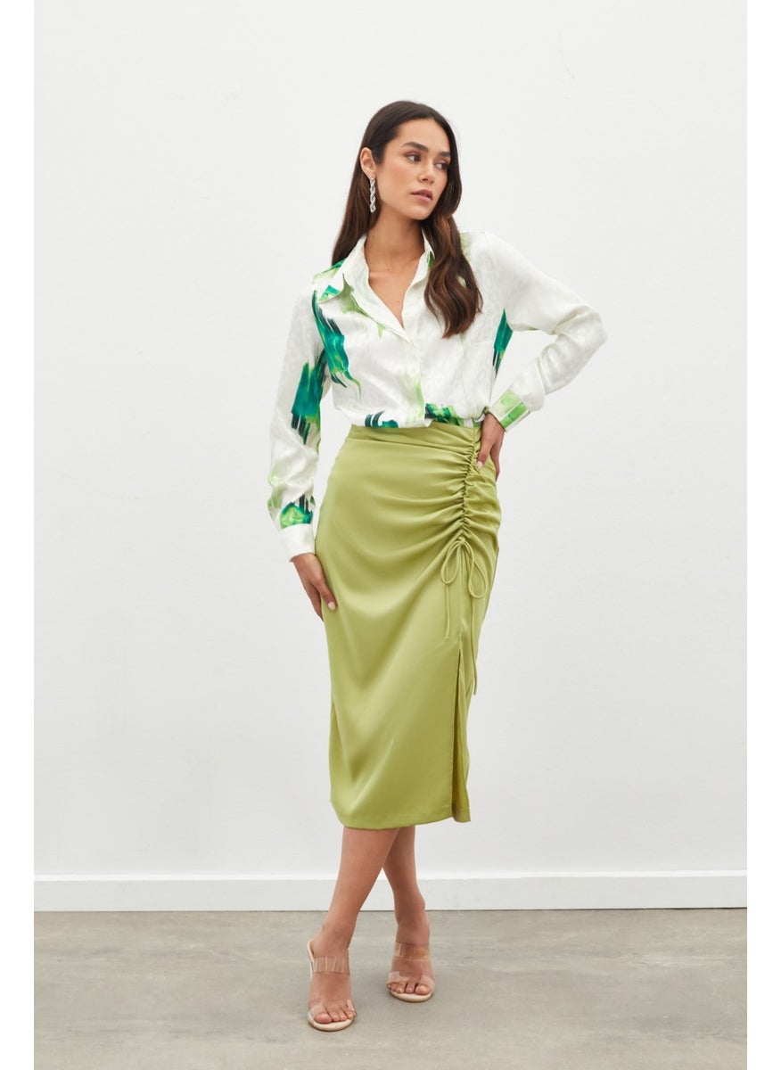 Satin Skirt with Gathered Detail - Oil Green