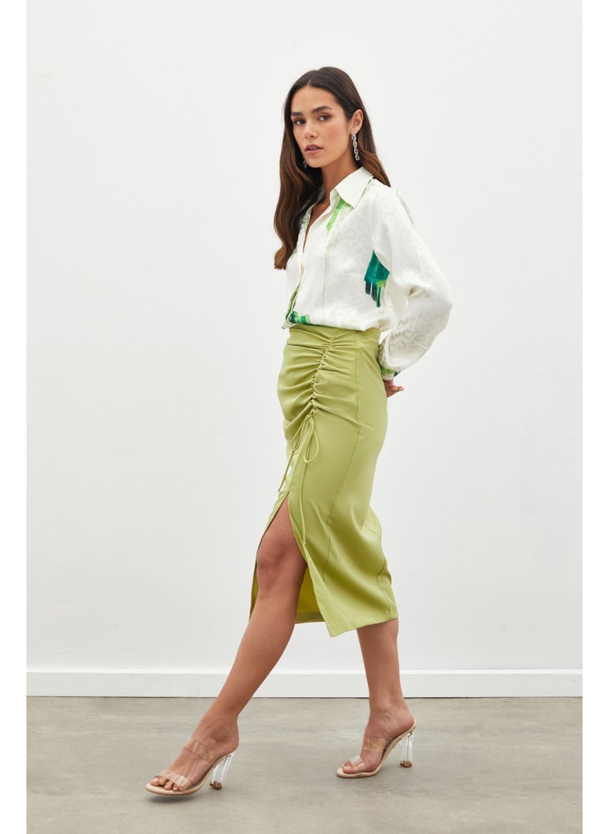Satin Skirt with Gathered Detail - Oil Green