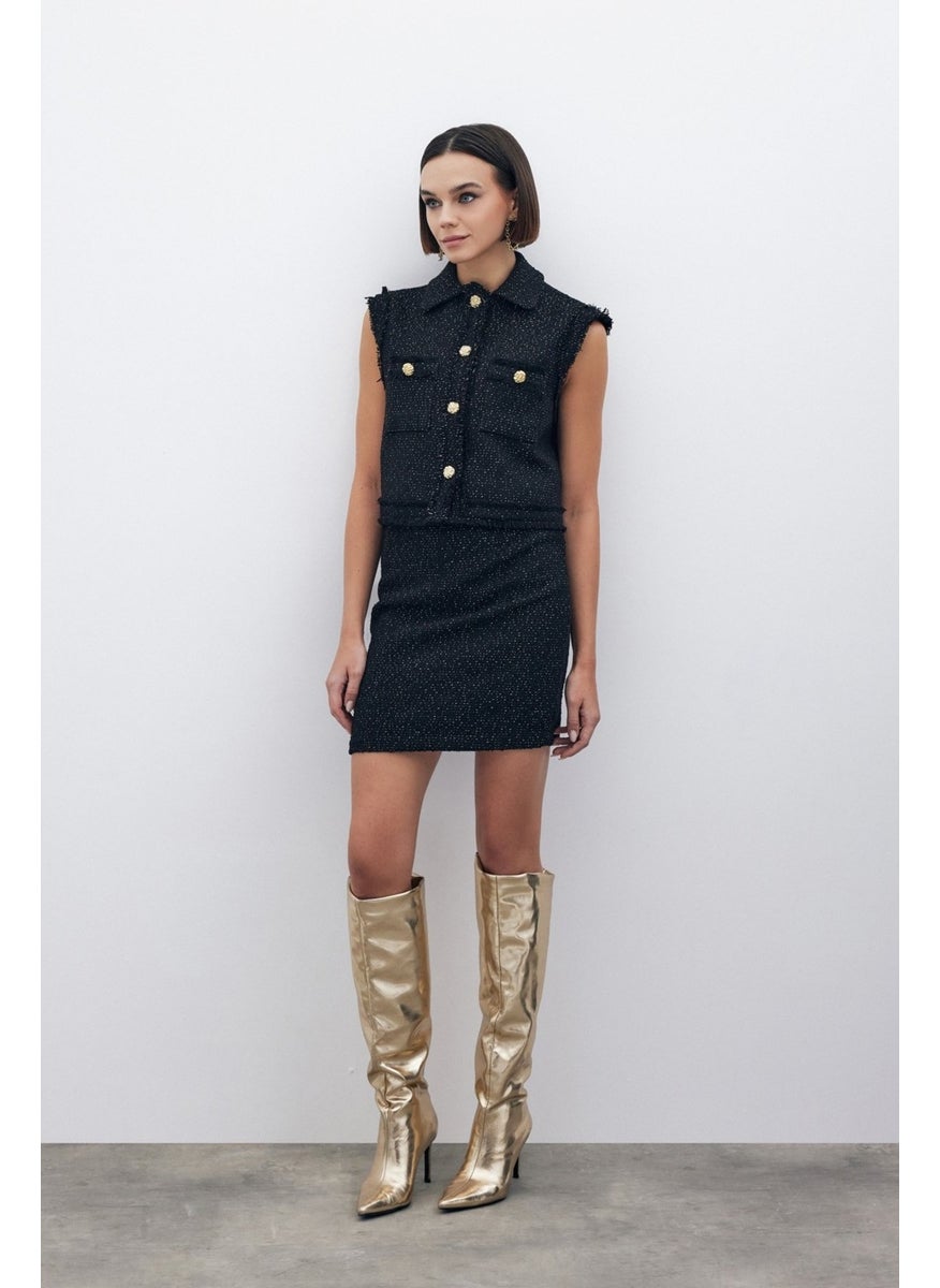 Glittery Mini Tweed Skirt - Black
